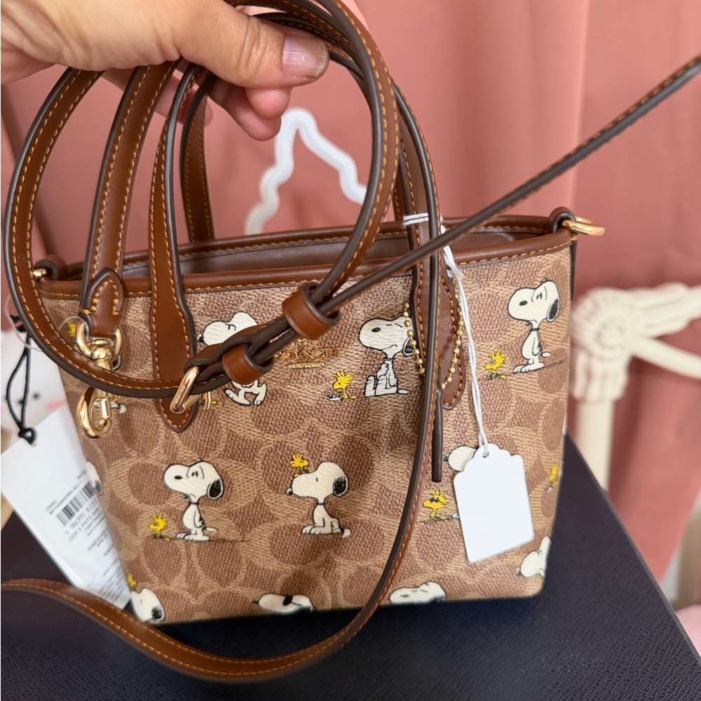Coach Brown Mini Tote with Snoopy & Woodstock Print